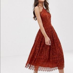 ASOS lace rust mini dress with pinny bodice 4